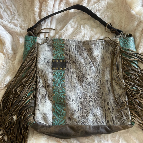 Chic Brown and Green Tote with Fringe - Picture 1 of 2